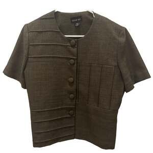 Vintage Leslie Fay Short Sleeve Textured Linen Blend Crop Jacket 12P in Green